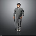 Elderly Gentleman In Gray Suit With Black Top Hat And Walking Cane