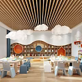 Kindergarten Interior With Cloud Lamps Colorful Furniture And Orange Walls