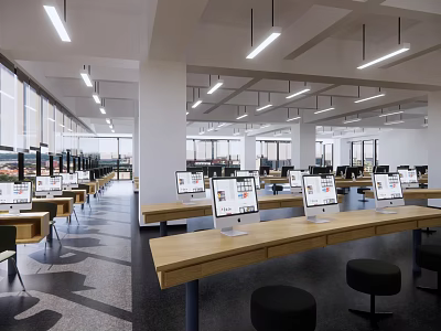Modern School Bright Spacious Computer Classroom With Multiple Computers Long Desks Black Chairs Large Windows 3d model