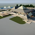 Waterfront Landscape With White Tents Yellow Spires And Sandy Beach Under Blue Sky