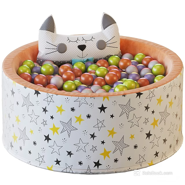 Kids Ball Pit With Colorful Balls Star Pattern And Cat Shaped Cushion 3d model 