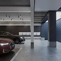 Modern Garage Interior Design With Parked Vehicles Gray Walls And Ceiling Lights