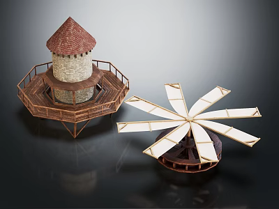 Stone Tower With Red Pointed Roof And Wooden Platform Plus Windmill Like Wooden Blade Structure 3d model