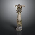 Traditional Architectural Tower with Wooden Roof Stone Base and Decorative Elements