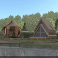 Wooden Houses Dome Shaped and Triangular Roof by Waterfront with Trees Platforms and Railings