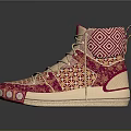 Red And Beige High Top Shoes With Geometric Pattern Woven Design And Ornate Details