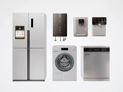 Modern Home Electrical Appliances Including Refrigerator Washing Machine Dishwasher And Water Heater 3d model