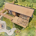 Wooden Guesthouse Building With Brown Roof Large Windows Pergola Patio And Mountain View