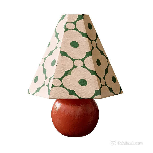 Cream Table Lamp With Green Floral Pattern Shade And Red Spherical Base 3d model