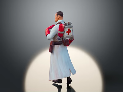 Medical Character In White Robe With Red Cross Backpack Walking 3d model