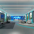 Modern School Interior Space With Blue Lighting Sofa Round Seats Large Screens And Green Plants