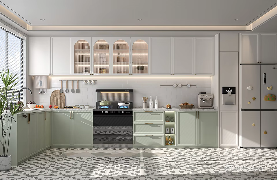 Modern Kitchen With Light Green And White Cabinets Glass Door Upper And Geometric Floor Tiles 3d model 