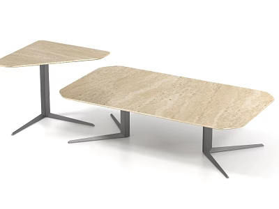 Modern Beige Marble Top Side Tables With Sturdy Black Metal Legs Design 3d model