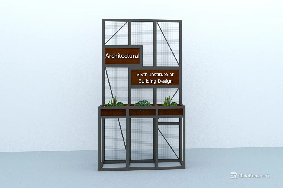 Industrial Metal Grid Design Display Shelving Unit With Signage And Potted Plants 3d model 