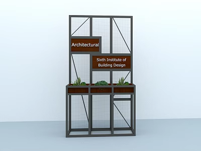 Industrial Metal Grid Design Display Shelving Unit With Signage And Potted Plants 3d model