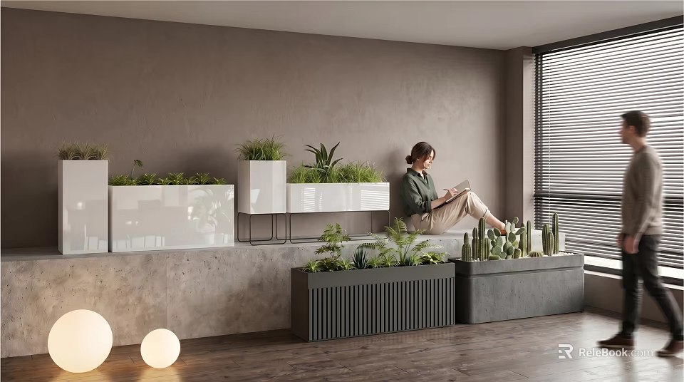 Modern Indoor Flower Stand With Green Plants And Various Designs In Living Space 3d model 