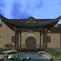 Traditional Chinese Courtyard Garden Featuring Pavilion Curved Roof Pond Lotus Rockery And Greenery