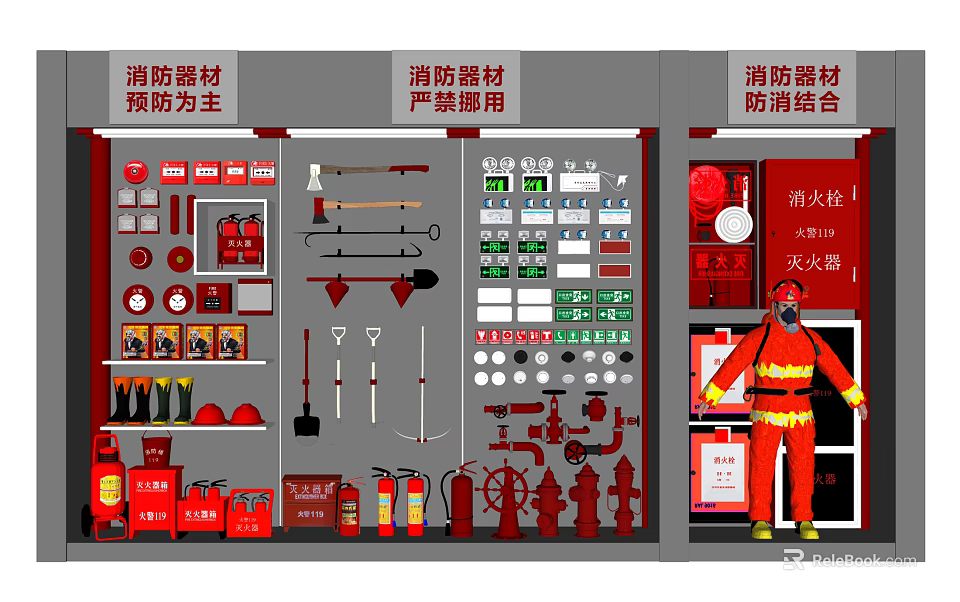 Comprehensive Collection Of Fire Safety Equipment Featuring Extinguishers Axes Hydrants And Protective Clothing 3d model 