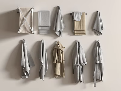 Neutral Colored Towels Hanging On Wall With Various Styles And Sizes For 3d model