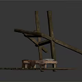Rustic Wooden Furniture Set With Simple Bed And Small Stool On Plank Platform