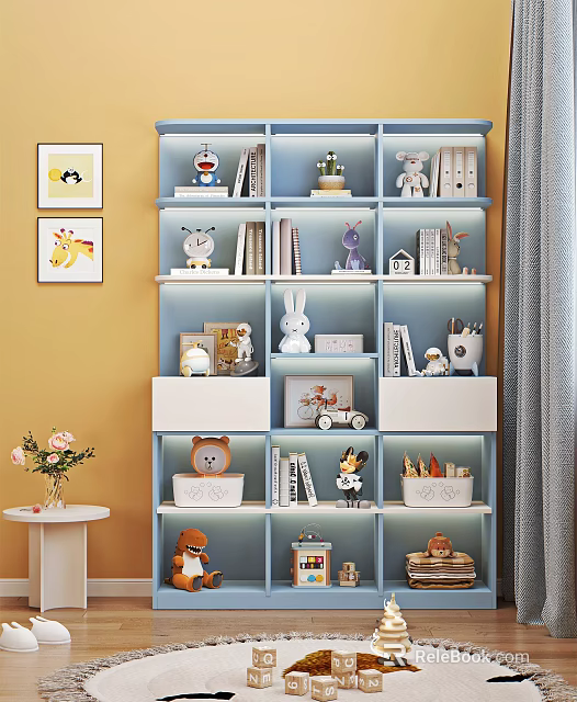 Blue Bookcase With Multiple Shelves Stuffed Toys Books And Decorative Models In Yellow Room 3d model 