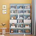 Blue Bookcase With Multiple Shelves Stuffed Toys Books And Decorative Models In Yellow Room