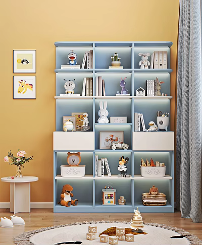 Blue Bookcase With Multiple Shelves Stuffed Toys Books And Decorative Models In Yellow Room 3d model