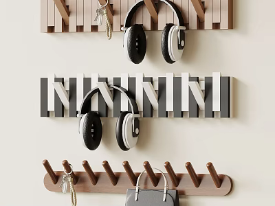 Stylish Wall Decor Featuring Wooden And Striped Hooks For Headphones Keys And Bag 3d model