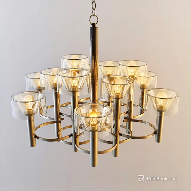 Modern Glass Chandelier with Multiple Transparent Shades and Metal Circular Ring Structure 3d model 