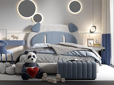 Kids Room Interior with Panda Shaped Headboard Blue Gray Bed Blue Chair and Circular Lights 3d model
