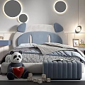 Kids Room Interior with Panda Shaped Headboard Blue Gray Bed Blue Chair and Circular Lights