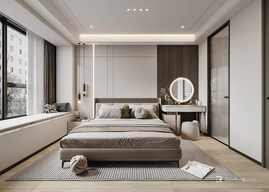 Modern Bedroom Interior With Platform Bed Round Mirror Area Rug And Soft Lighting 3d model 