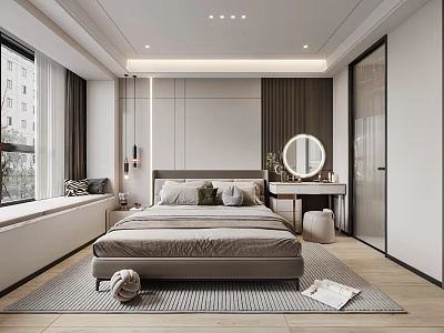 Modern Bedroom Interior With Platform Bed Round Mirror Area Rug And Soft Lighting 3d model