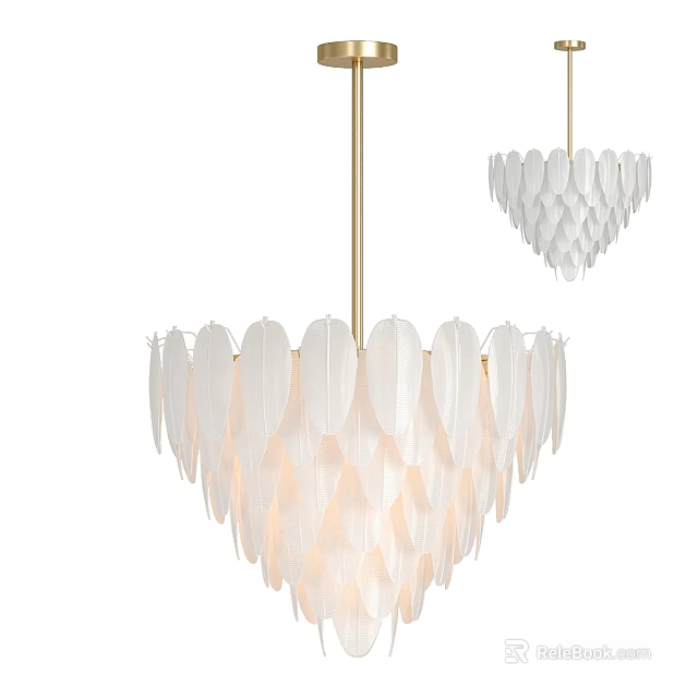 Modern White Feather Shaped Chandelier With Gold Hanging Chain For Elegant Decor 3d model 