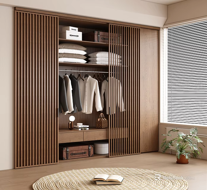 Modern Wooden Wardrobe with Slatted Doors Hanging Folded Clothes and Shelves 3d model 