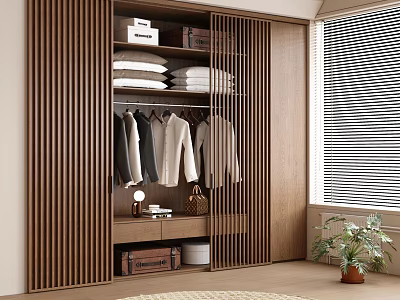 Modern Wooden Wardrobe with Slatted Doors Hanging Folded Clothes and Shelves 3d model