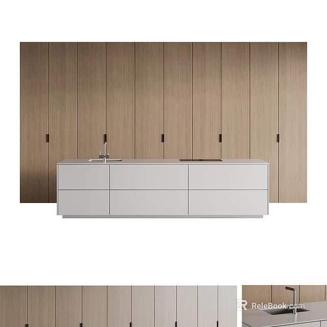 Modern Wooden Kitchen Cabinets With White Drawer Base And Smooth Panel Design 3d model