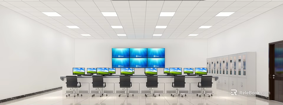 Modern Monitoring Room With Multiple Screens And Workstation Desks 3d model 