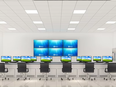 Modern Monitoring Room With Multiple Screens And Workstation Desks 3d model