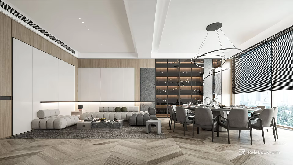 Modern Private Room Interior Design With Comfortable Seating Dining Table And Pendant Lights 3d model