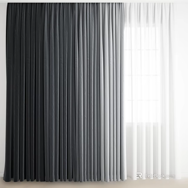 Dark Gray And White Sheer Blackout Curtains With Modern Pleated Window Design 3d model 