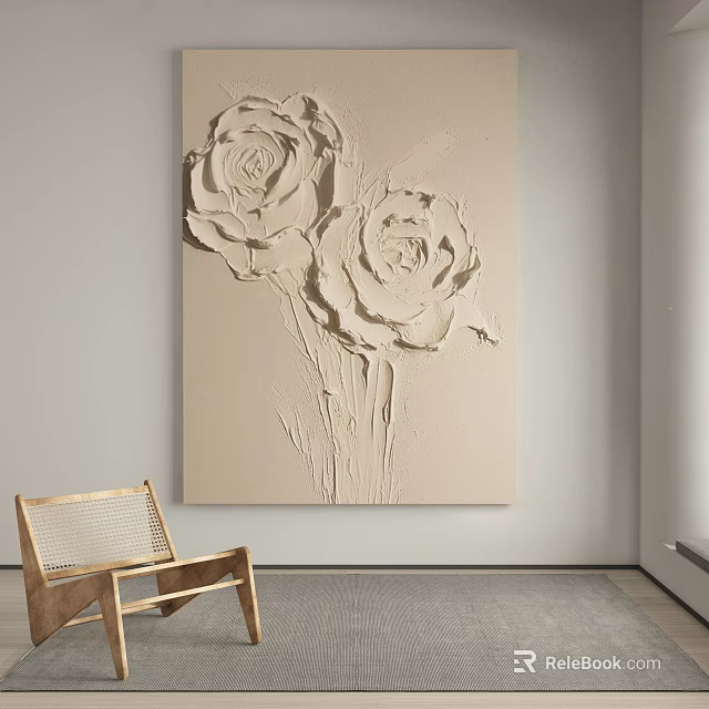 Beige Interior With 3D Rose Relief Painting And Wooden Rattan Chair 3d model 