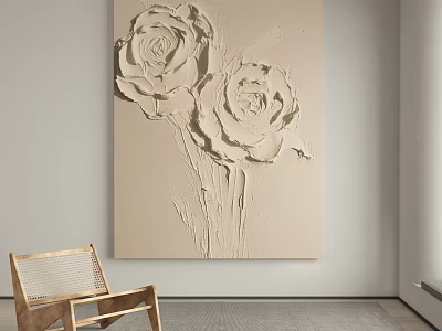 Beige Interior With 3D Rose Relief Painting And Wooden Rattan Chair 3d model