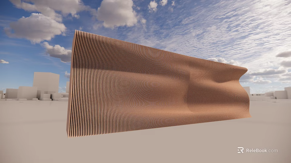 Modern Wavy Striped Wall Surface With Curved Design Against Blue Sky Background 3d model 