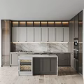 Modern Kitchen Interior Design With Gray Cabinets Marble Countertop And Central Island