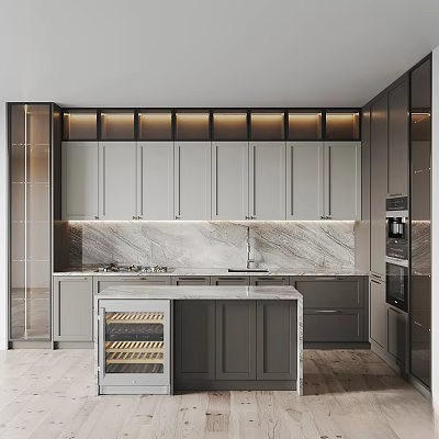 Modern Kitchen Interior Design With Gray Cabinets Marble Countertop And Central Island 3d model