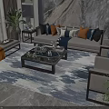 Modern Sofa Coffee Table Set With Orange Gray Pillows Blue Patterned Rug And Marble Wall 3d model