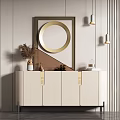 Modern Entryway Console Cabinet With Circular Mirror Pendant Lights And Decorative Items 3d model