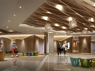 Stylish Shopping Mall Lobby Interior With Geometric Wooden Ceiling Colorful Seats And Crystal Chandeliers 3d model