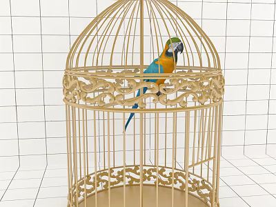 Decorative Ornament Set Featuring Golden Carved Birdcage and Colorful Parrot 3d model